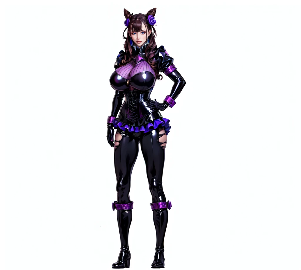 murasakishikibu, murasaki shikibu, brown hair, (purple eyes:1.1), long hair, big breast, BREAK black Leahter Trousers , black latex Corset, long latex sleeves, purple latex finger Gloves,purple gemstone, cone hair bun, double bun, hair bun, hair ornament, long hair, two side up,BREAK (masterpiece:1.2),(beautiful detailed eyes:1.6), extremely detailed face, perfect lighting, extremely detailed CG, (perfect hands, perfect anatomy),blakc long boots,standing 