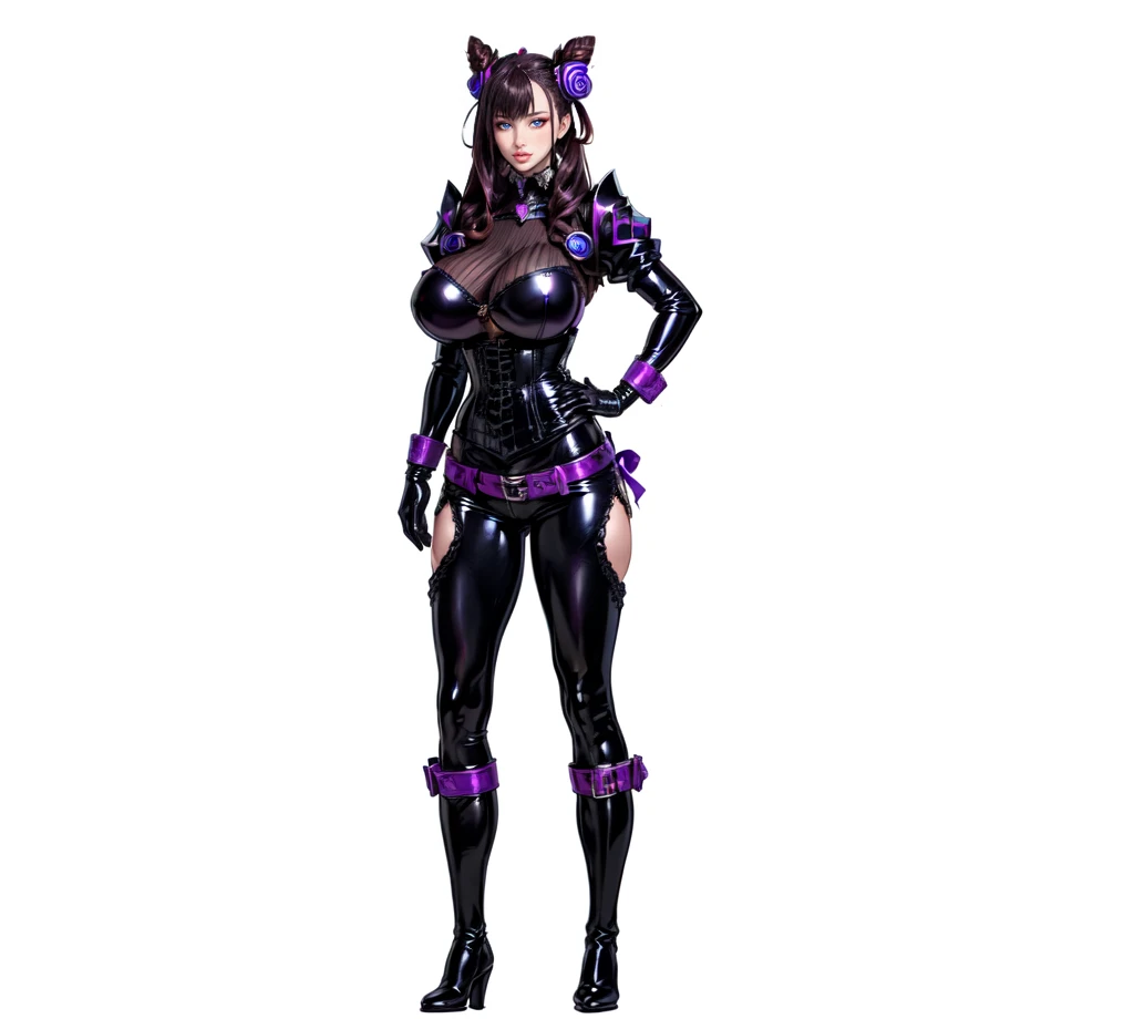 1girl,murasakishikibu, murasaki shikibu, brown hair, (purple eyes:1.1), long hair, big breast,black latex corset, black latex bodysuit,long latex sleeves, blakc latex trousers, purple belt, puffy sleeves, purple gemstone, sleeves past wrists, cone hair bun, double bun, hair bun, hair ornament, long hair, two side up,BREAK (masterpiece:1.2),(beautiful detailed eyes:1.6), black longboots, (perfect hands, perfect anatomy), standing