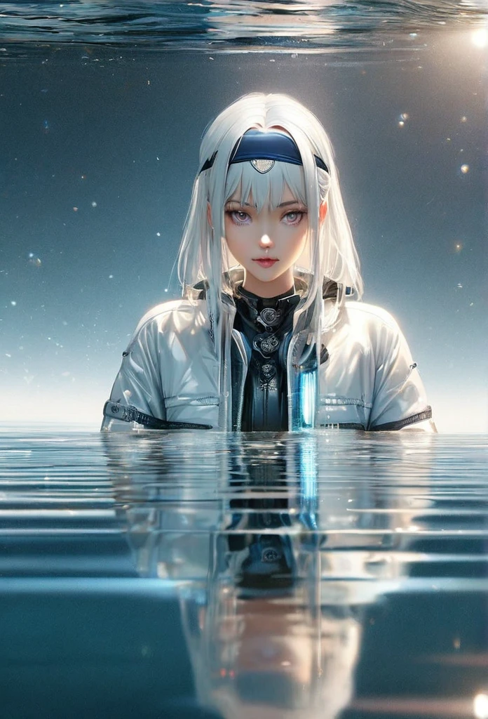 Short white hair girl, with white jacket and headband, reflected in crystal clear waters,full HD,8k,realist