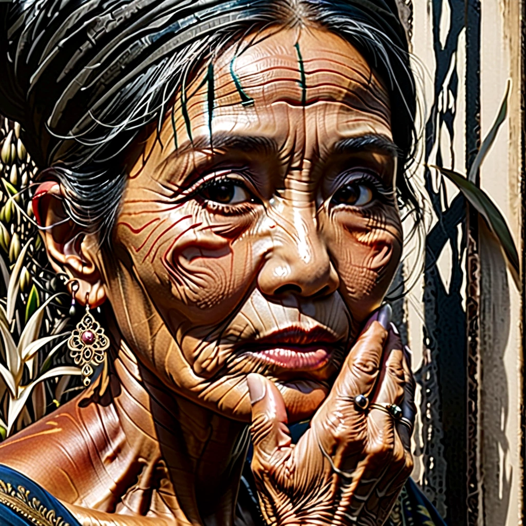 Side view of an old Asian woman&#39;face(Thai style)I&#39;m feeling sad because I&#39;Iผิดหวังกับบางสิ่งบางอย่าง..,Line art - black ink,abstract art,greatly exaggerated