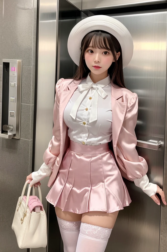 Highest quality、Elevator Girl、Shiny pink silk jacket、White blouse with ribbon、Micro Mini Skirt、A small round hat with a ribbon、Skinny、White gloves、White over-the-knee socks、Flushed Cheeks、Embarrassed look、Big Breasts、Hold down the skirt