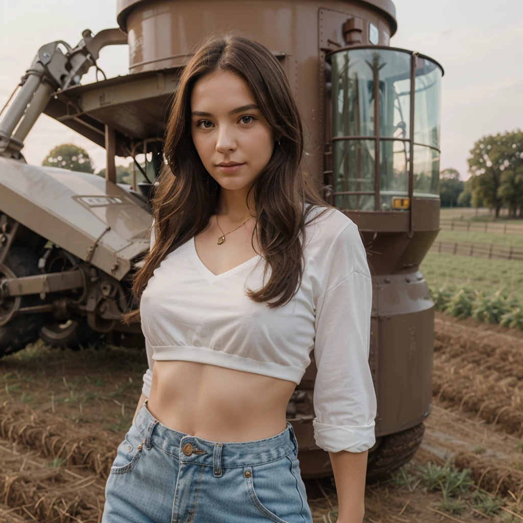 1girl in, 30 years old, Square face, Long hair, Looking at viewer, jewelry, Realistic, Sexy, farm outfit, farm background, free upper body pose