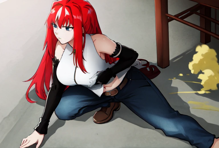 Highest quality, masterpiece, High Resolution, One girl, pooping, e long hair, red hair, bare shoulders, sleeveless shirt, dress shirt, detached sleeves, black sleeves, zipper, navel, belt, jeans, Ass, farting,