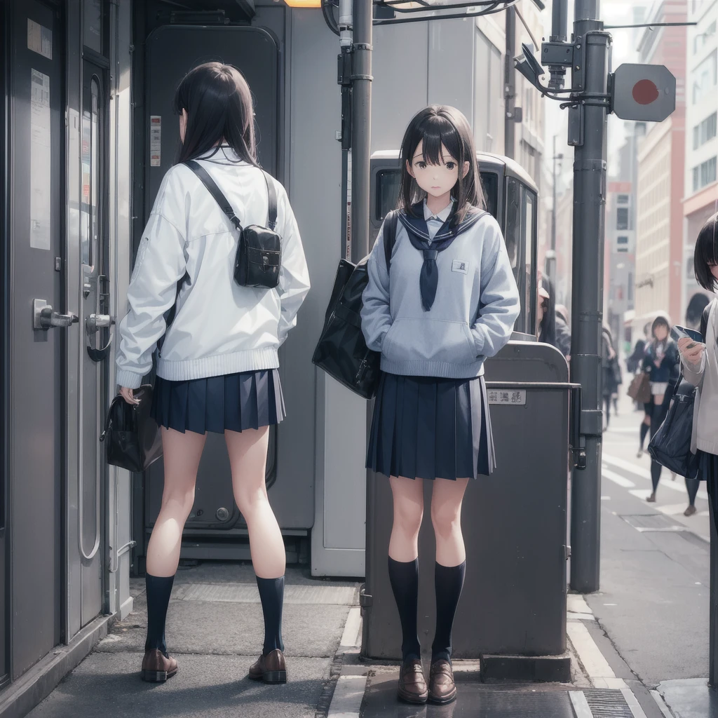 Man standing next to a train々Group of, photograph, Umeo Kenei Toshi, tumbler, Wearing a skirt and knee-high socks, school bag, hidden camerphotograph, Sexy Style, White jacket,  Blurry, Two Women, dark blue, fart, Align Right, Runway, Asian, photograph, Alliance, Atmospheric