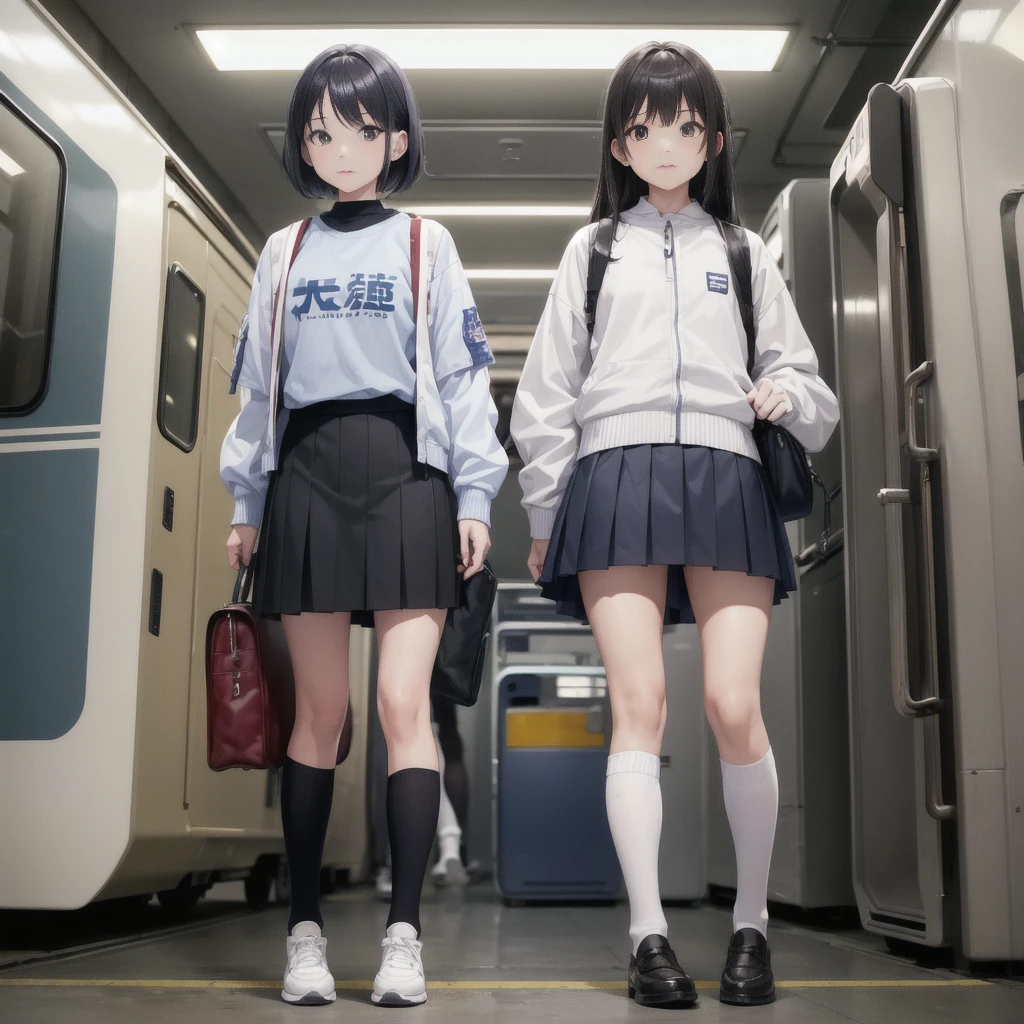Man standing next to a train々Group of, photograph, Umeo Kenei Toshi, tumbler, Wearing a skirt and knee-high socks, school bag, hidden camerphotograph, Sexy Style, White jacket, Blurry, Two Women, dark blue, fart, Align Right, Runway, Asian, photograph, Alliance, Atmospheric