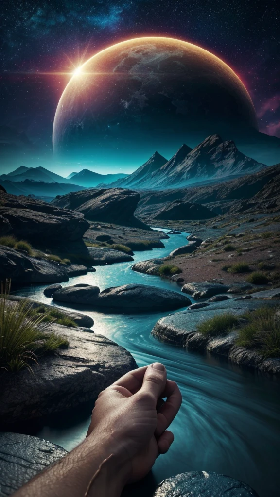 a surreal landscape with a river, hand touching the water, mountains, planets, nebulae, moon, sun, (best quality,4k,8k,highres,masterpiece:1.2),ultra-detailed,(realistic,photorealistic,photo-realistic:1.37),conceptual art,cinematic lighting,vibrant colors,dramatic shadows,intricate details