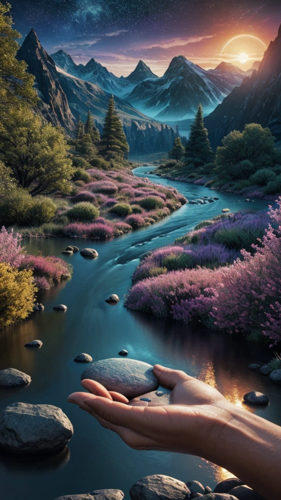 a surreal landscape with a river, hand touching the water, mountains, planets, nebulae, moon, sun, (best quality,4k,8k,highres,masterpiece:1.2),ultra-detailed,(realistic,photorealistic,photo-realistic:1.37),conceptual art,cinematic lighting,vibrant colors,dramatic shadows,intricate details