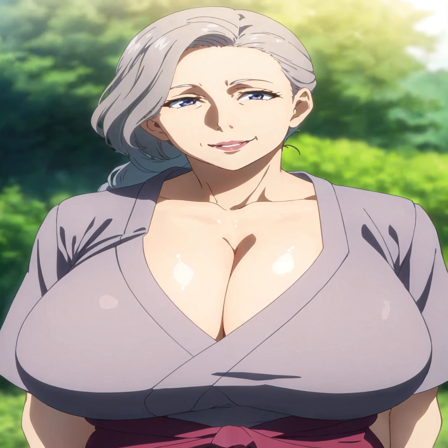 a woman with a big breast is standing in front of a forest, big breasts!, with a large breasts, big breasts!!, nishimiya shouko, with large breasts, yoshinari yoh, oppai, sie boob, official anime still, in the anime film, anime visual of a young woman, mai yoneyama, white haired lady, anime still