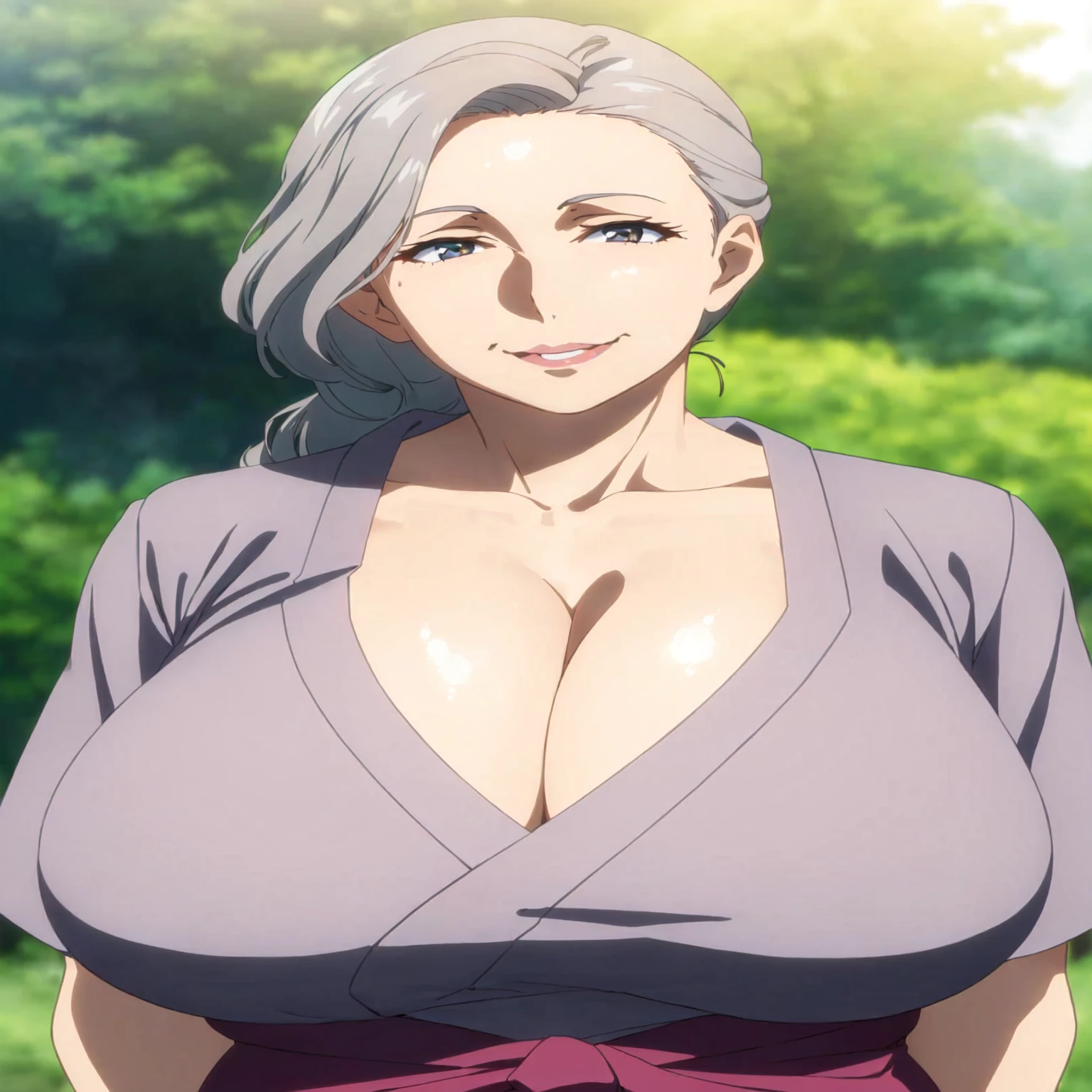 a woman with a big breast is standing in front of a forest, big breasts!, with a large breasts, big breasts!!, nishimiya shouko, with large breasts, yoshinari yoh, oppai, sie boob, official anime still, in the anime film, anime visual of a young woman, mai yoneyama, white haired lady, anime still