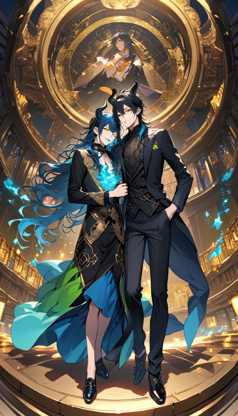 (pieces fly), (highest quality), very detailed, ((two men)), perfect face, beautiful face, very detailed face,full body shot, (black haired man:1.3),(blue haired man:1.3),suit,shirt,smile,flower, (1st boy,Idia Shroud, bishounen, boy, male, extremely long hair, blue hair, blue fire hair, wavy hair, yellow eyes, tired expression, blue lips, handsome, skinny, geeky, blue glow, shark teeth,) (2nd boy, malleus draconia \(twisted wonderland\) horns, bishounen, boy, male, long hair, black hair, yellow green eyes, smile, gray lips, handsome, skinny, tall, yellow green glow,) Two men are hugging each,