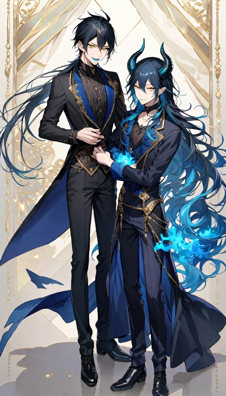 (pieces fly), (highest quality), very detailed, ((two men)), perfect face, beautiful face, very detailed face，full body shot, (black haired man:1.3)，(blue haired man:1.3)，suit，shirt，smile，flower, (1st boy,Idia Shroud, bishounen, boy, male, extremely long hair, blue hair, blue fire hair, wavy hair, yellow eyes, tired expression, blue lips, handsome, skinny, geeky, blue glow, shark teeth,) (2nd boy, malleus draconia \(twisted wonderland\) horns, bishounen, boy, male, long hair, black hair, yellow green eyes, smile, gray lips, handsome, skinny, tall, yellow green glow,)  Two men are hugging each,