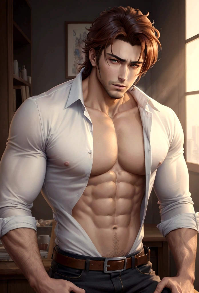 ((best quality)), ((masterpiece)), (detailed), a man with a shirt on and no shirt on, looking at the camera, big chest, anime handsome man, anime portrait of a handsome man, handsome stunning realistic, handsome anime pose, beautiful prince, human male character art, male anime character, male anime style