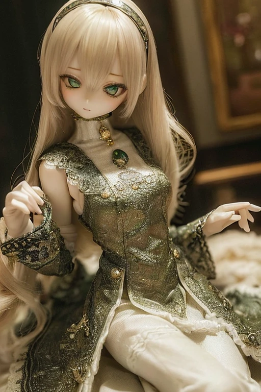 ((highest quality)), ((masterpiece)), (extremely detailed), kukolnydom, doll, (mature woman:1.8), solo, ((cowboy shot)), sitting on sofa, green eyes, (looking down, blank eyes, detailed eyes:1.3), light smile, dress, castle, 8k