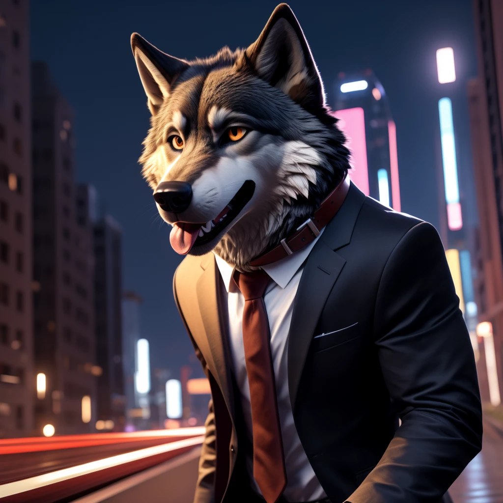 Posing, Male, 30 years old, happy, mouth open with tongue hanging out, black suit with red tie, anthro, wolf ears, (black fur:1.5), wolf, city background, 8k, hi res, (best quality, masterpiece), (wolf tail:1.5), detailed fur, solo, looking at camera, night, leashing and collar,