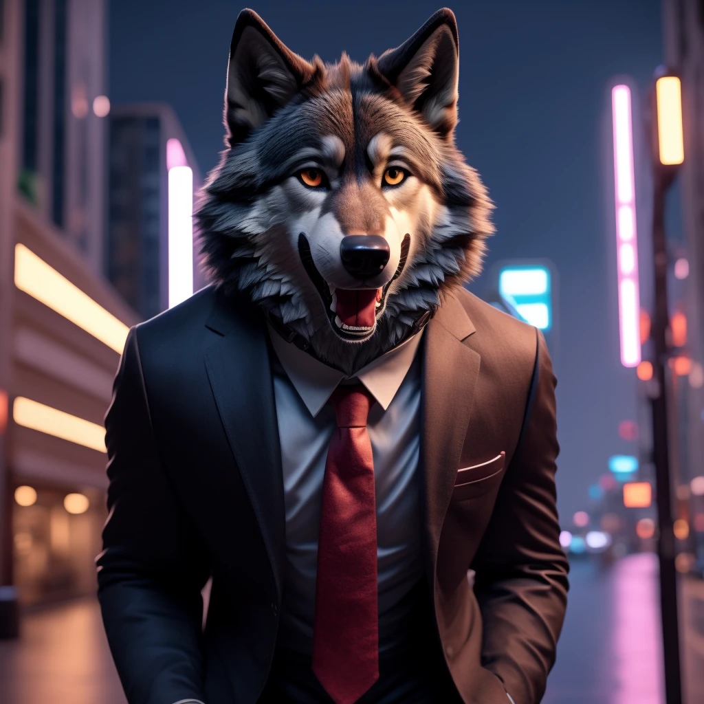 Posing, Male, 30 years old, happy, mouth open with tongue hanging out, black suit with red tie, anthro, wolf ears, (black fur:1.5), wolf, city background, 8k, hi res, (best quality, masterpiece), (wolf tail:1.5), detailed fur, solo, looking at camera, night, leashing and collar,