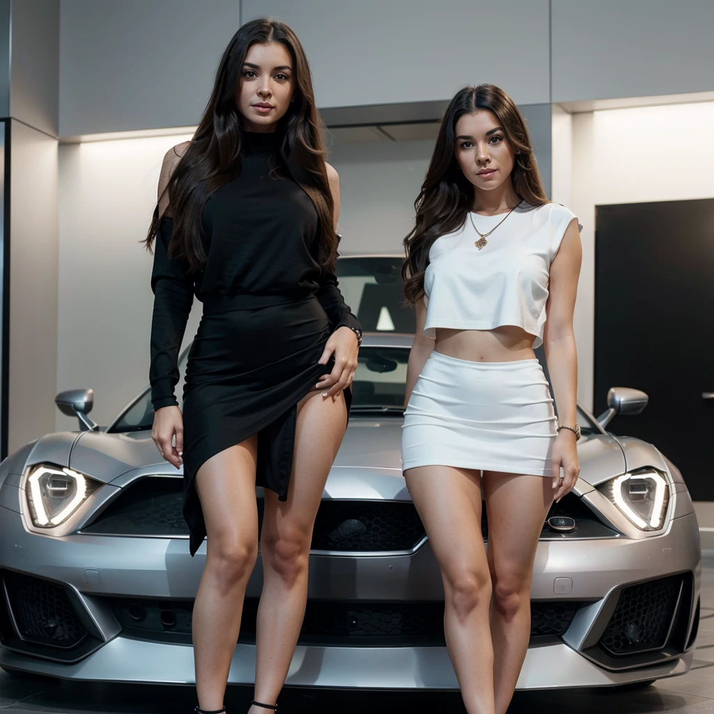 1girl in, 30 years old, Square face, Long hair, Looking at the viewer, jewelry, Realistic, Sexy, sexy short skirt outfit, standing next to a supercar, posing freely