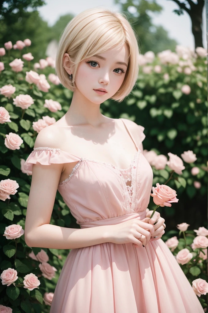 8K, CRU photo, Fujifilm, style photo of a beautiful young woman like Avril in a light pink rose garden (highly detailed skin: 1.2) Style-Petal BREAK short hair, blonde hair with colored highlights, wearing a dress, film grain, 35mm, cute style