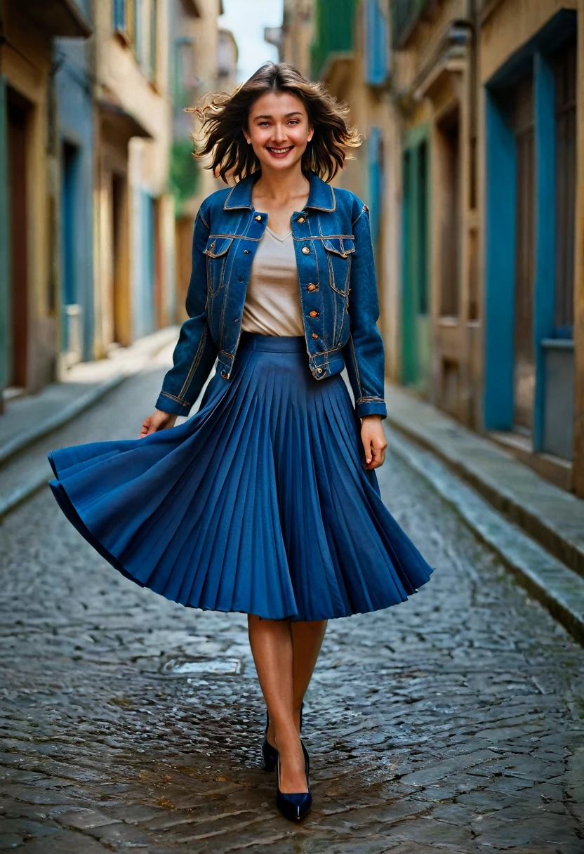 A smiling, authentic, (shy:1,3), kind, beautiful woman, is passionately in love with her skirt, wind wildly lifts her skirt, wearing uniform jacket and very, very detailed (long (fully pleated) full circle skirt) and (low heeled court shoes), very, very intricate hyper-detailed symmetric (attractive graceful young feminine face) with (sad, tired eyes and a loving smile), very voluptuous breasts, full of empathy and compassion and love, (pronounced (feminine) features), (highly detailed ultra accurate realistic) hands and fingers, (windy), epic composition, highly detailed attributes, (35mm f1.4 Kodak portra 400 photograph), extremely high quality RAW photograph, highly detailed atmosphere, sci-fi, cinematic shot, dynamic lighting, 75mm, Technicolor, Panavision, cinemascope, sharp focus, fine details, 8k, HDR, realism, realistic, key visual, film still, superb cinematic color grading, depth of field