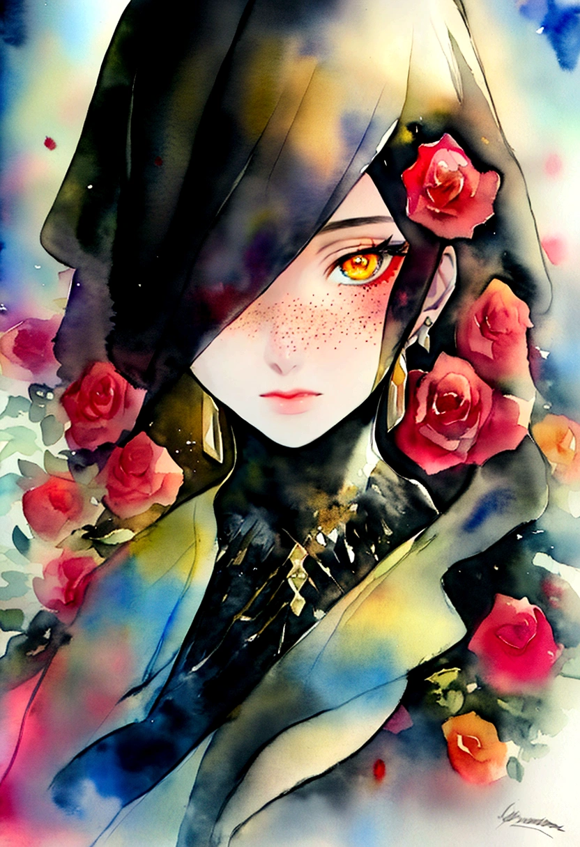 Hijab (Watercolor:1.2),1girl, bachelor, rose, sunrose,Freckles, colorize, paper, Explosions, Signature, yellow rose, black hair , long hair, Brown eyes, Hair between the eyes, rose earrings