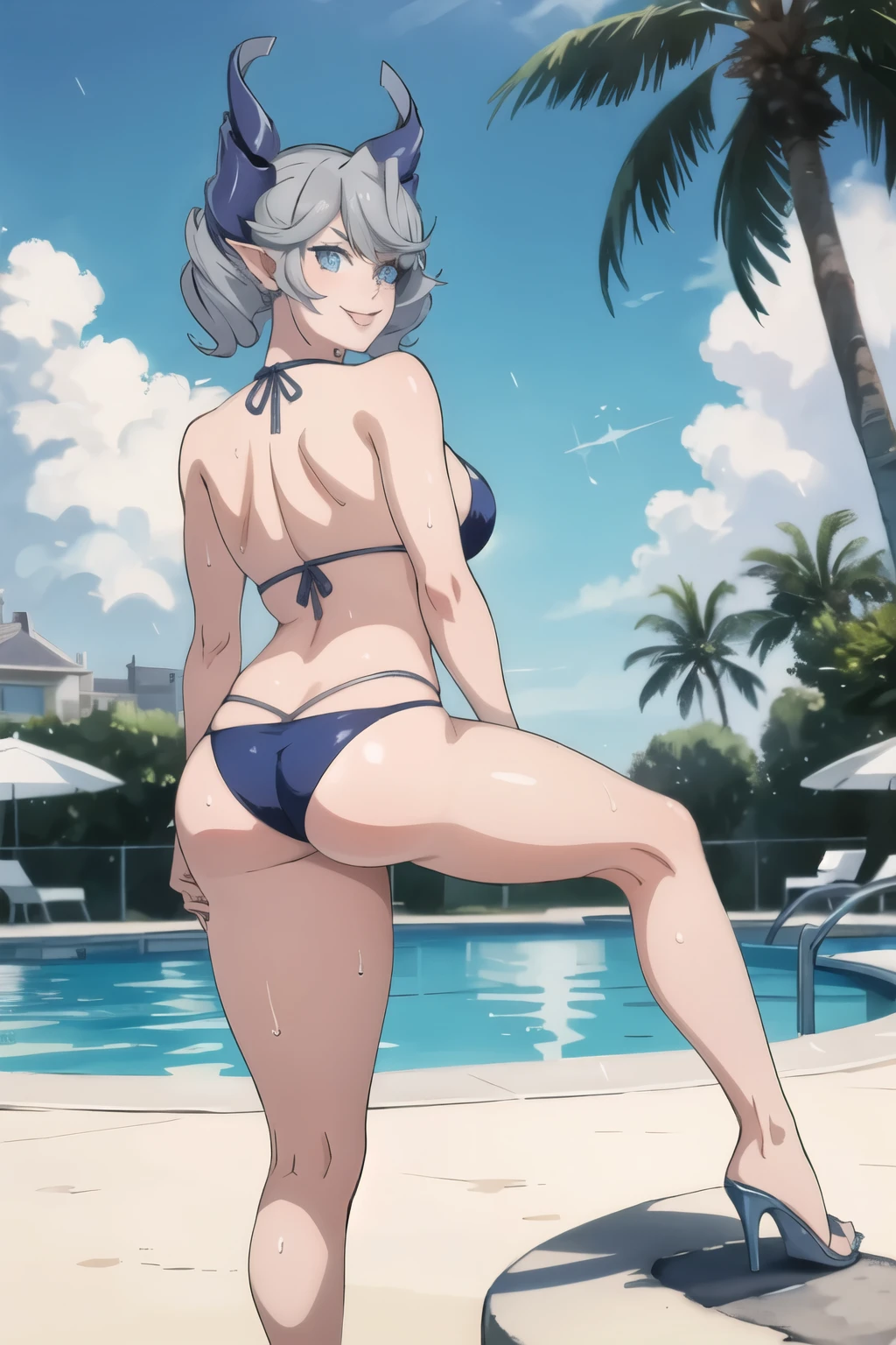 3 girls High level image quality best image quality 8K adult woman pool party rain palm trees more colors whole body view portrait bikini horn ears short hair((shortcut)(gray hair)(perm)(fluffy)) eye color is blue , , attractive evil face , smile , sexy pose , labrynth , barearm , , standing view from behind by the pool , crossed legs , all wet , wet hair