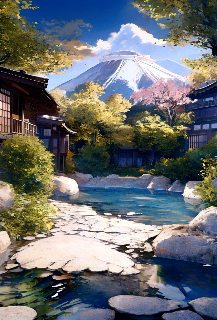 、Naked beautiful girl、Japanese open-air bath、Mountains in the background々、Medium breast