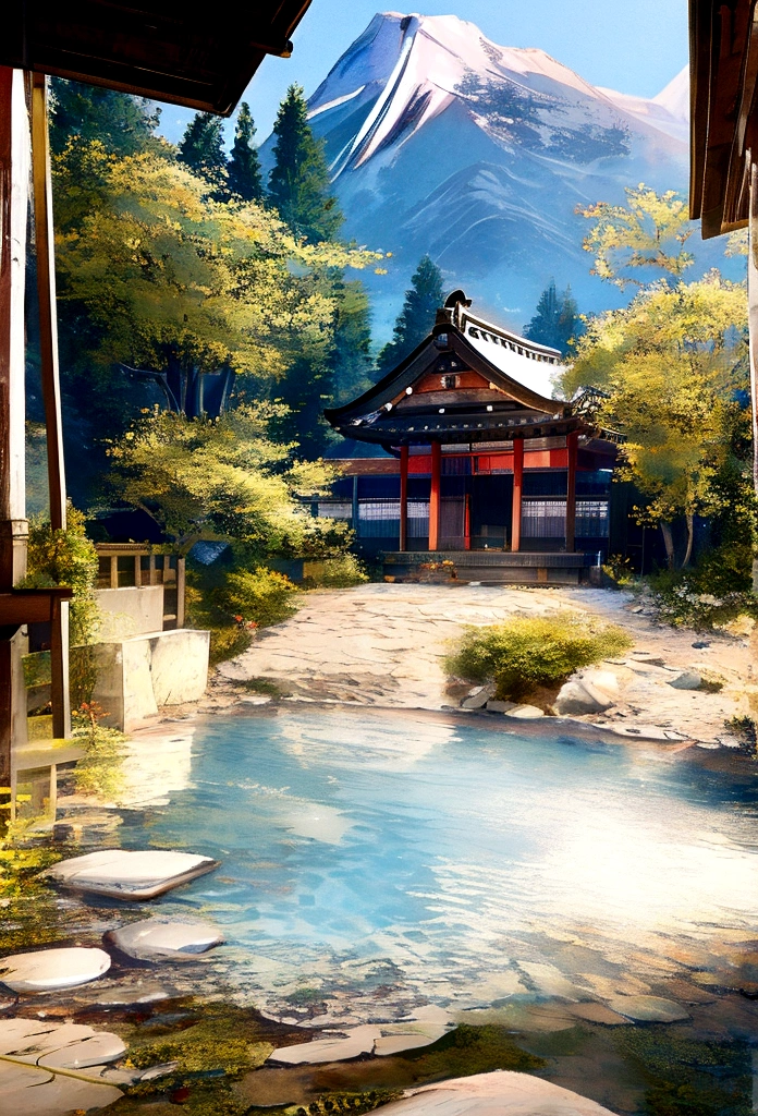 、Naked beautiful girl、Japanese open-air bath、Mountains in the background々、Medium breast
