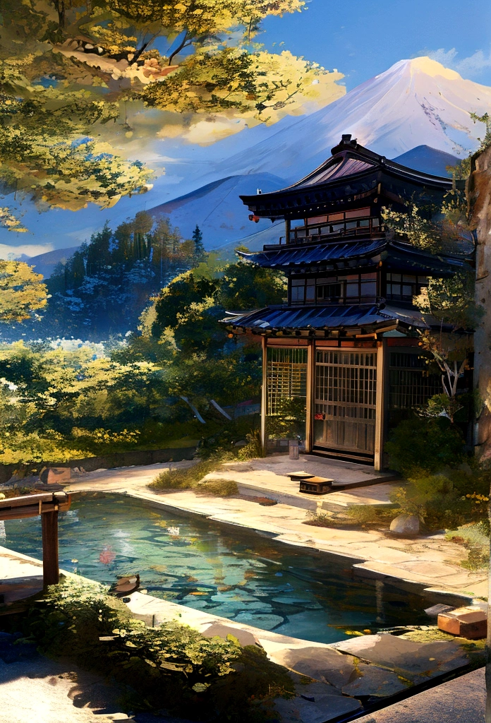 、Naked beautiful girl、Japanese open-air bath、Mountains in the background々、Medium breast