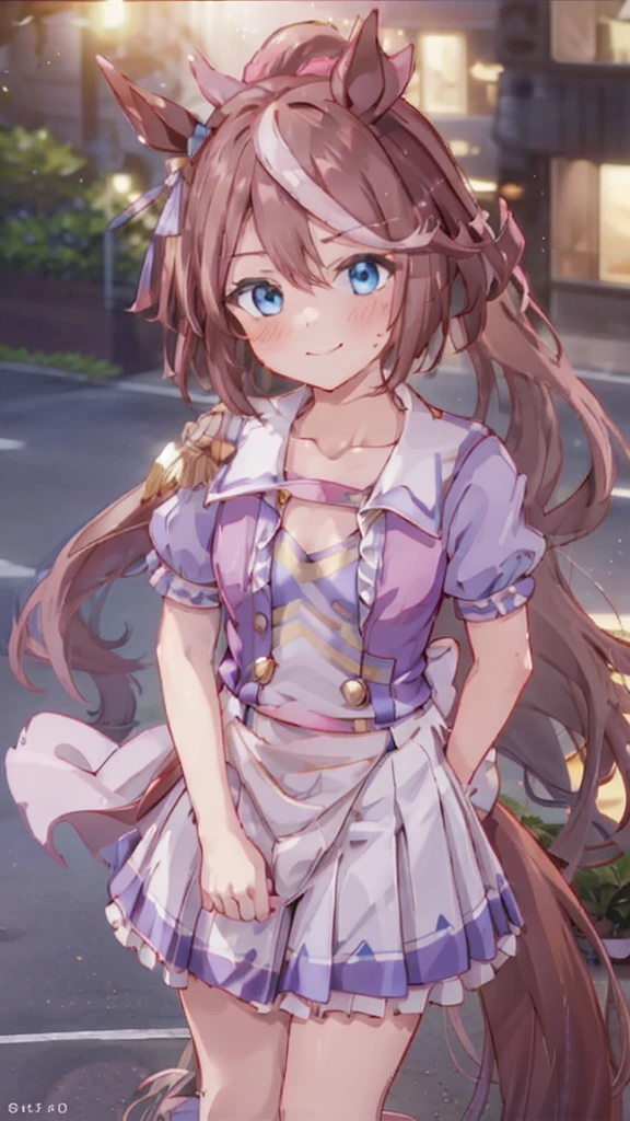 Highest quality,masterpiece, Highest Resolution, 1 girl, nsfw, full naked,boy pov,boy body, ???, standing, outdoor, city, street, night,crowd, flat chest, pink ??????, blush, smilepenis in pussy, horse ears, horse tail