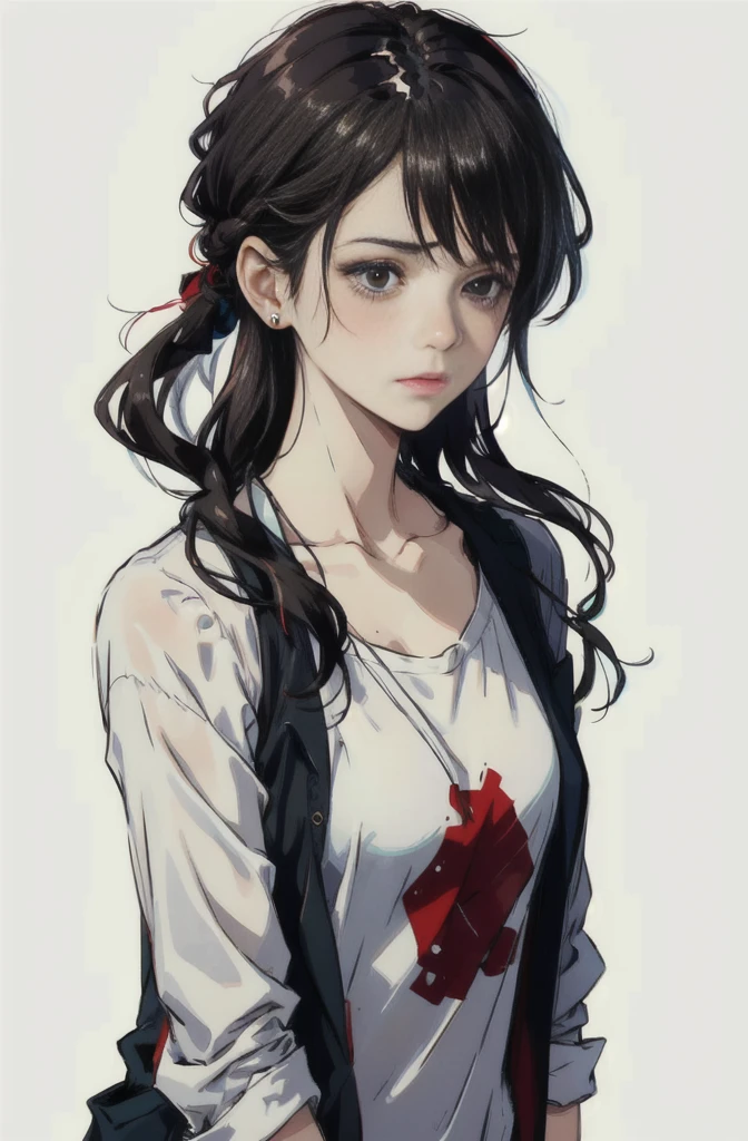 a 26-year-old girl with brown eyes and red short curly haired. sad and tired, girl wearing simple poor quality old clothes, she is beatifull but tired and sleep deprivired
