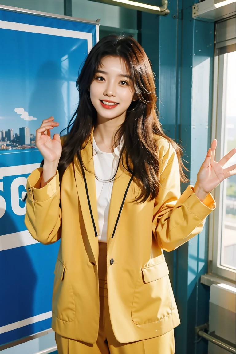 Woman in her early 20s,alone, Natural smile with visible teeth, office lady, suit , Guide the side with your palm, View your viewers,
