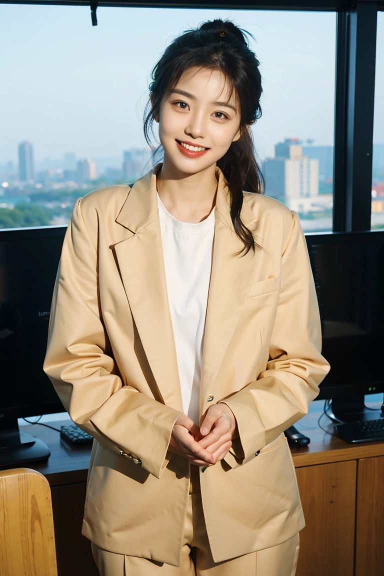 Woman in her early 20s,alone, Natural smile with visible teeth, office lady, suit , Guide the side with your palm, View your viewers,