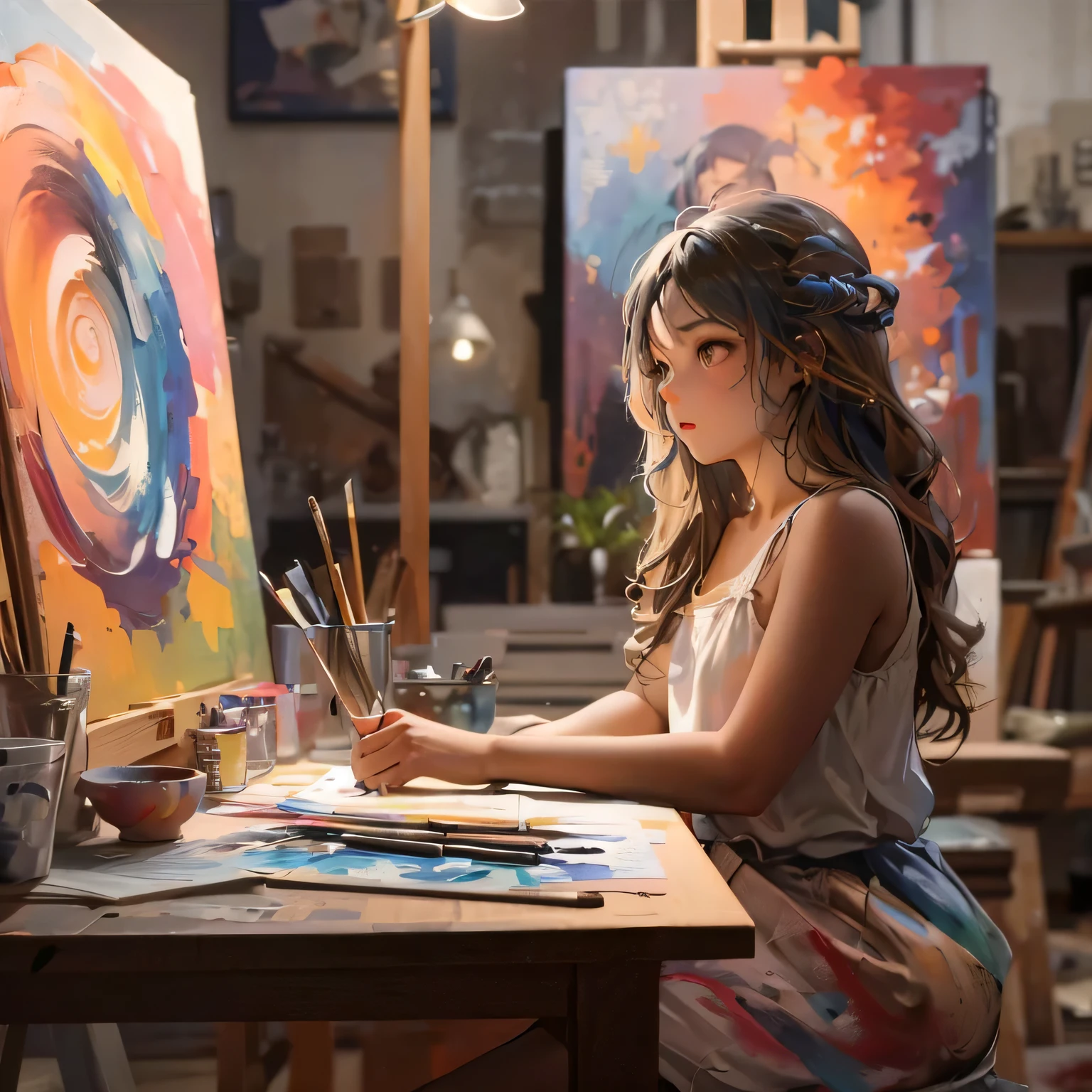 A young artist in her painting studio,Medium:Materials for oil painting,Brush and palette,detailed art supplies,bright colours,beautifully lit studio,huge canvas on easel,detailed brush strokes,Highly realistic textures,studio lighting: bright and concentrated,sun light, that pours in through the window,Vivid colors: deep blue and strong red,artistic creativity fluent,Inspiration from your surroundings,subtle color gradations,Meticulous attention to detail,Artist studio with paintings and art books,Creative energy fills the room,Paint tubes and palettes in organized chaos,expressive and dynamic brushwork,Spatula textures,emerging masterpiece on the easel,artistic passion in her eyes,Dedicated to your craft,Paint splashes on the floor,cheerful and calm atmosphere,chaotisches, but organized creative chaos,impressive depth and dimension,exquisite blend of colors and shades,masterful use of light and shadow,emotional and captivating composition,sultry and atmospheric environment,Individuality and uniqueness in every stroke,creative exploration and experimentation,artistic intuition and knowledge,Chiaroscuro technique to create dramatic effects,skilful representation of light reflection and refraction,incredible mastery of form and proportions,dynamic and strong brushstrokes,striking visual impact,Emotional connection through art,Painting as a window to the artist’s soul.