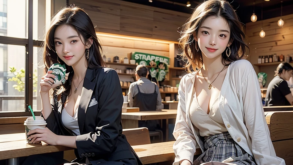 8K、RAW Photos、Highest quality、Super detailed、Super Resolution、Ultra HD、8K壁紙、Amazing details blazer uniform girl ((White blouse with formal collar, Blue Blazer, 
Red Check Skirt, Red checkered ribbon on blouse)), Complete limbs, Full Finger, 
(((((Starbucks)))))、(((((Cafe table with ocean view)))))((16 year old female student))、(((((Eat cake、Drink coffee、smile)))))、(((Heart Necklace、Gold bracelet)))
(((Emphasize cleavage)))
((((Full body photo、The whole body is visible、Full body portrait))))
