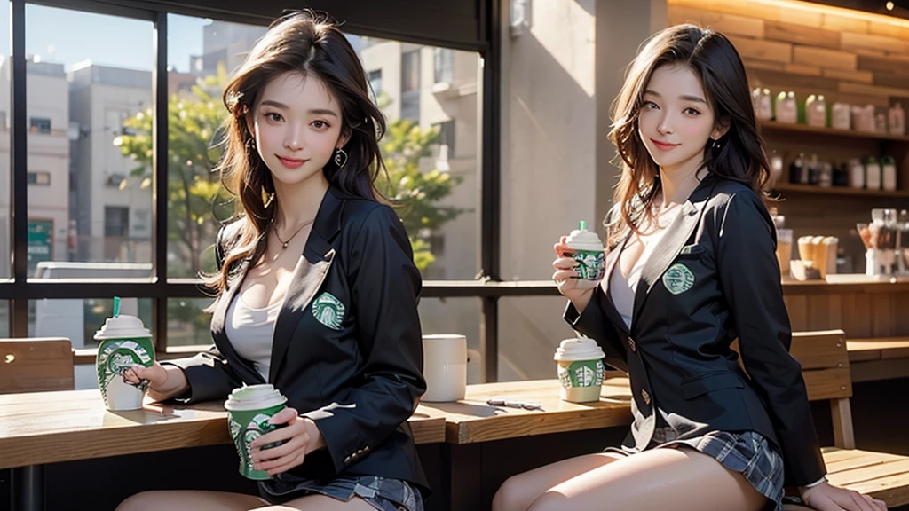 8K、RAW Photos、Highest quality、Super detailed、Super Resolution、Ultra HD、8K壁紙、Amazing details
(((night,真night中))),((Perfect Anatomy:1.2,Realistic:1.3,RAW Photos:1.3,masterpiece、Highest quality、Ultra - High resolution、High resolution、Highly detailed CG、8K)),Cowboy Shot,((attractive way to sit)),1 female,alone,18-year-old、High school girl beautiful girl,Japanese,((Beautiful and graceful face and eyes:1.2,Big beautiful eyes:1.3,)),blonde,Long Hair,(Center parted hair:1.4,amount),Medium Chest,Slender body,Small Head:1.3,skinny,(Brown Skin:1.4),(Oily skin,Glowing Skin,Shiny skin,Sweat:niform、Dark blue blazer jacket、Checkered pleated mini skirt),Dirty back alley、Tokyo、((Turn your body forward))
(((((Inside the Starbucks store)))))、16歳のFemale studentの女、((((Eat cake、Drink coffee、smile))))、((Heart Necklace、Gold bracelet))((Young face))
(((((Stylish interior)))))、
(((Female student)))
((Emphasize cleavage))
((((Woman sitting at the window seat))))