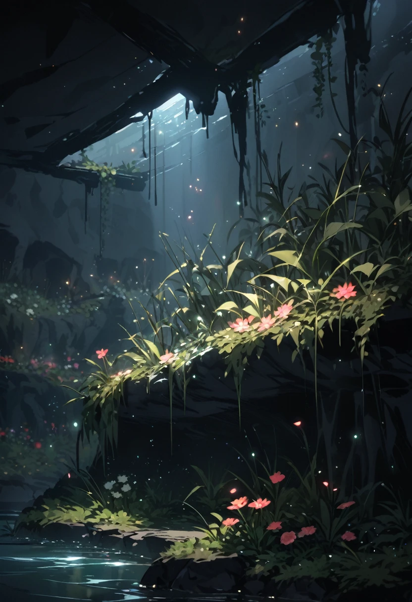 masterpiece, Highest quality, Particles of light, Underground flower garden, flowers blooming in the dark, Cave-like ceiling, A single ray of light, tall weeds, water, dark, Slate color, No humans