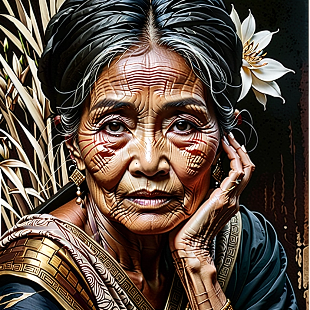 Side view of an old Asian woman&#39;face(Thai style)I&#39;m feeling sad because I&#39;Iผิดหวังกับบางสิ่งบางอย่าง..,Line art - black ink,abstract art,greatly exaggerated