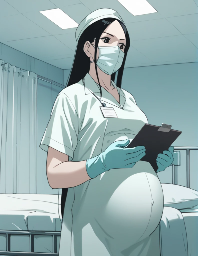 score_9,  score_8_up, score_7_up, source_anime, kasuganoray, pale skin, long hair, scrubs, surgical mask, surgical cap,
1girl, solo, pregnant, rubber gloves, clipboard, looking down, furrowed brow, privacy screen, hospital bed, standing