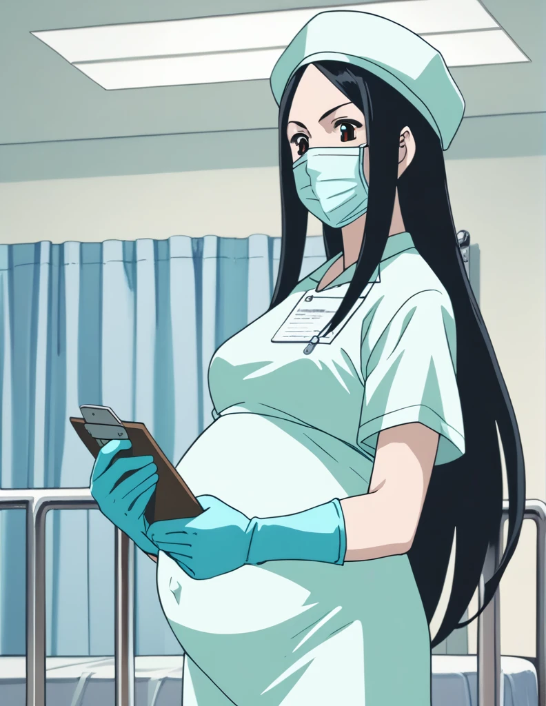 score_9, score_8_up, score_7_up, source_anime, kasuganoray, pale skin, long hair, scrubs, surgical mask, surgical cap,
1girl, solo, pregnant, rubber gloves, clipboard, looking down, furrowed brow, privacy screen, hospital bed, standing