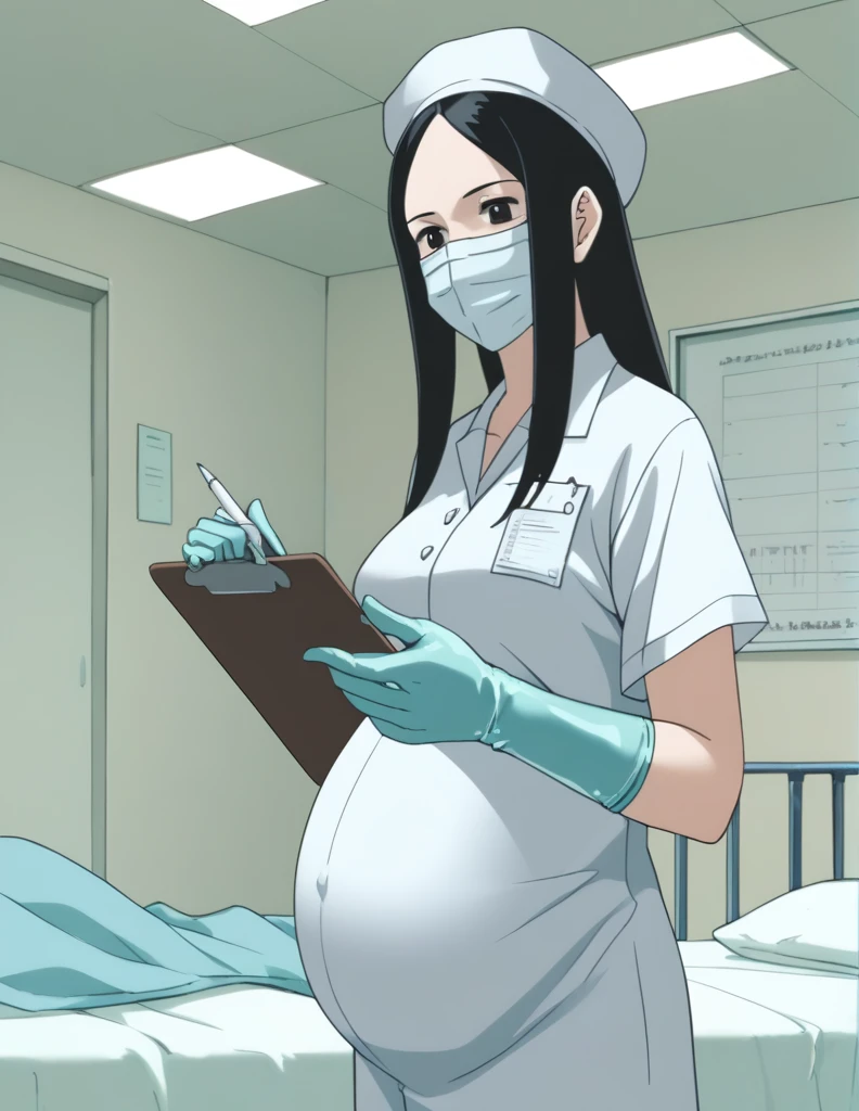 score_9, score_8_up, score_7_up, source_anime, kasuganoray, pale skin, long hair, scrubs, surgical mask, surgical cap,
1girl, solo, pregnant, rubber gloves, clipboard, looking down, furrowed brow, privacy screen, hospital bed, standing