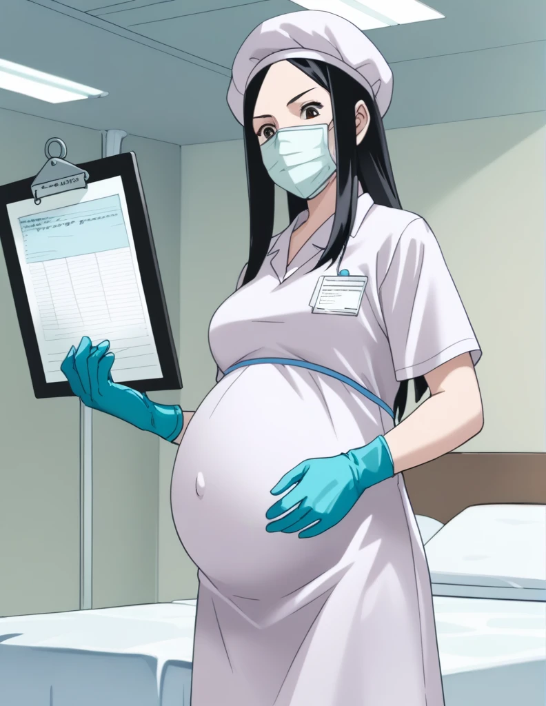 score_9,  score_8_up, score_7_up, source_anime, kasuganoray, pale skin, long hair, scrubs, surgical mask, surgical cap,
1girl, solo, pregnant, rubber gloves, clipboard, looking down, furrowed brow, privacy screen, hospital bed, standing