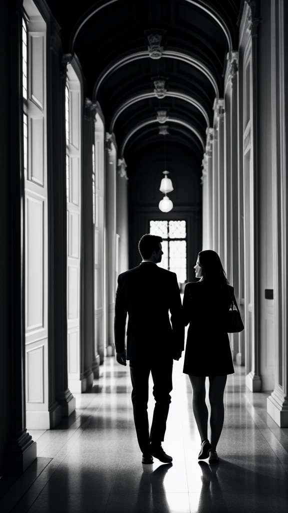 Couple,White people,Black and white photography,young,Walking through the museum