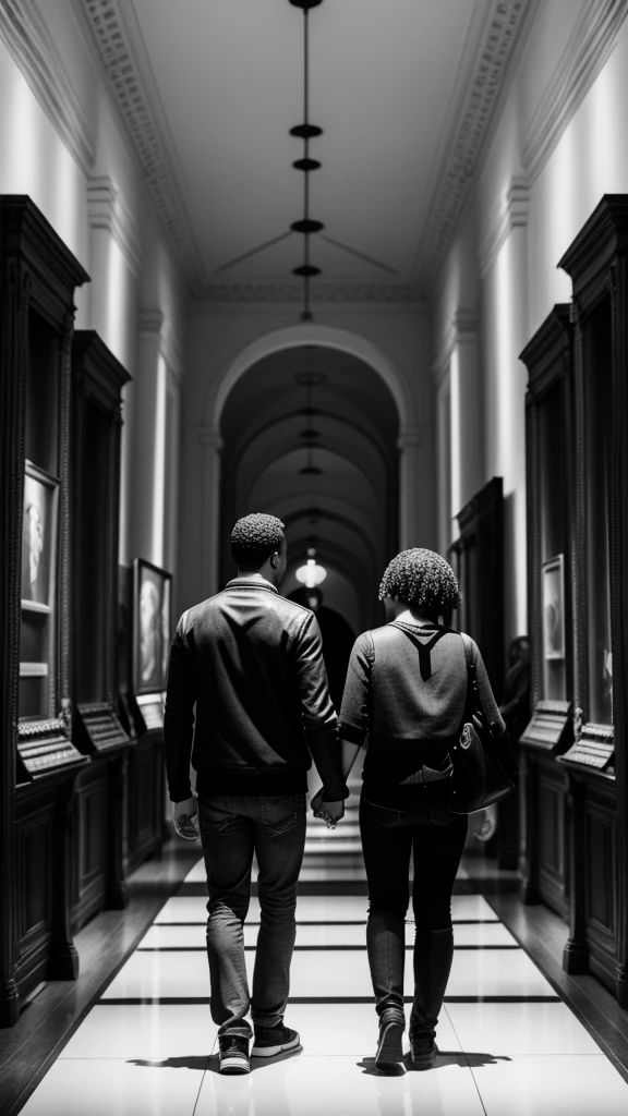Couple,White people,Black and white photography,young,Walking through the museum