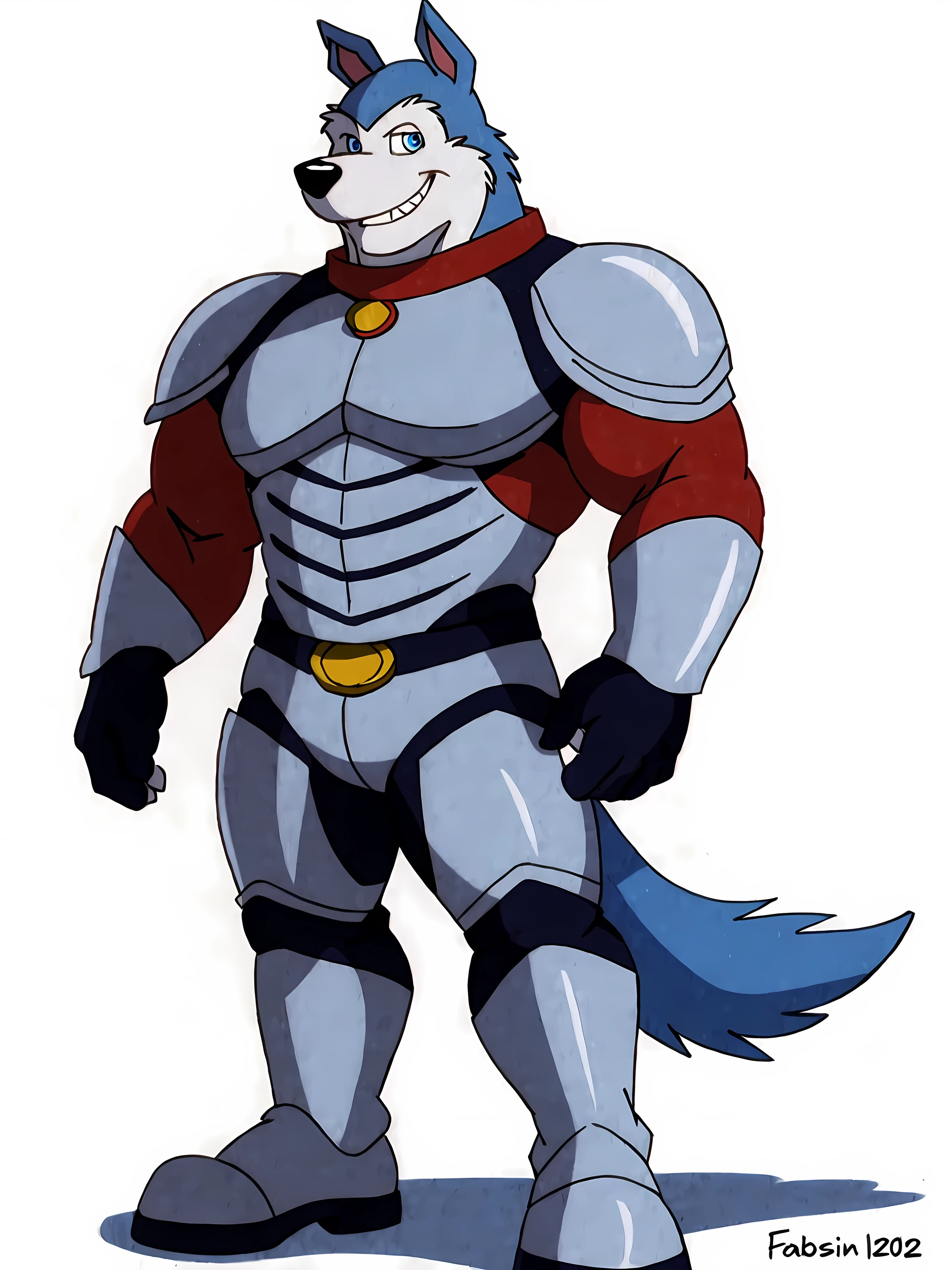 Exile (Road Rovers), blue fur, white fur, anthro, pointy ears, dog, solo, full body, muscular, pectorals, red dog collar, pet tag coin, smile, high quality, best resolution, cel shaded, light blue eyes, detailed eyes, silver uniform, silver armor, silver gloves, silver boots, red belt, white background, no background, standing, looking at camera, by wfa, by rossciaco, by fabfelipe