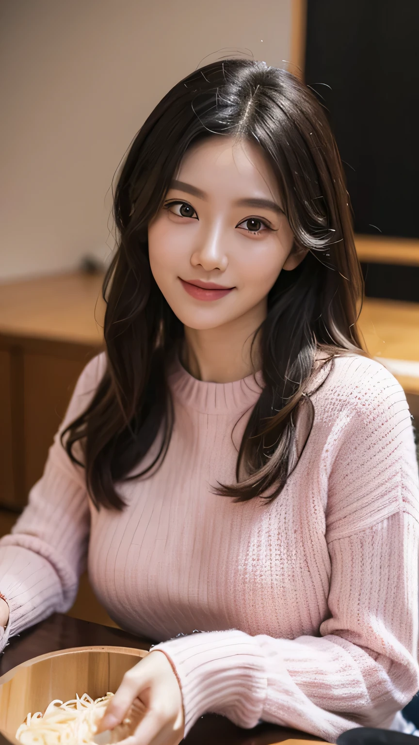 A woman in a pink knitted sweater,There is a bowl of noodles in front of me,Super Detail,23 years old、Seductive smile、Messy hair、Fucked silly、Surreal image、Realistic、Trending Content、Goddess figure、Delicate face、Perfect proportions、curve、full beauty、Large Breasts、curve、full、Round breasts、8K、photo、photography