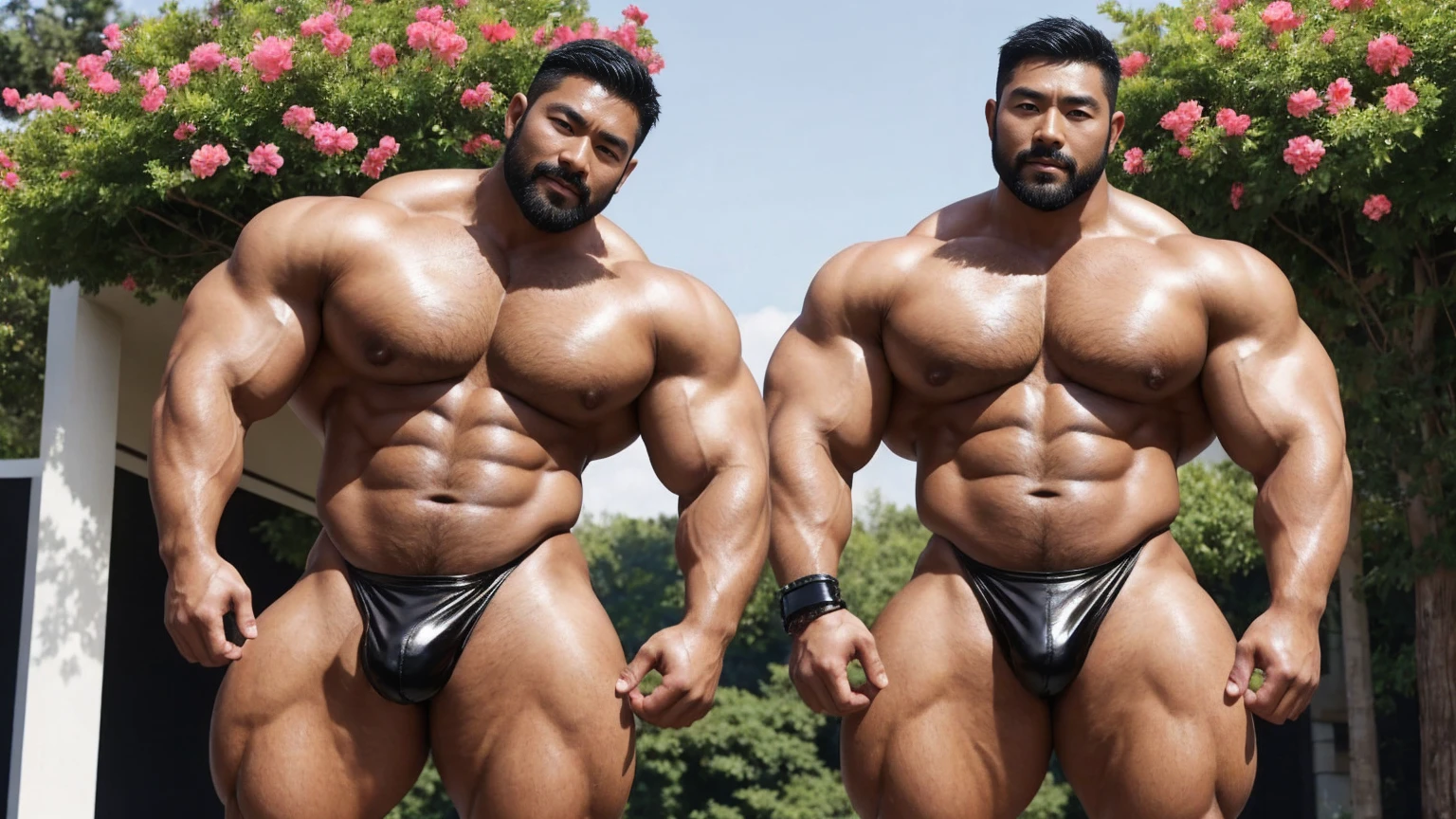 There is only one handsome Asian actor in the photo,35 years old,High target, Fitness,short hair, O-Shaped Beard,Perfect body, Dark skin color,Radiant Skin,Smooth skin,Muscle bulge, muscular, Very large pectoral muscles,Very sexy abdominal muscles,Very well-developed leg muscles,Huge concave and convex area,Brightens oily skin,Wearing black leather shiny thong,Handsome face, Correct and accurate male body proportions, Wear black socks,There are iron chains around the body,Stand among the flowers。