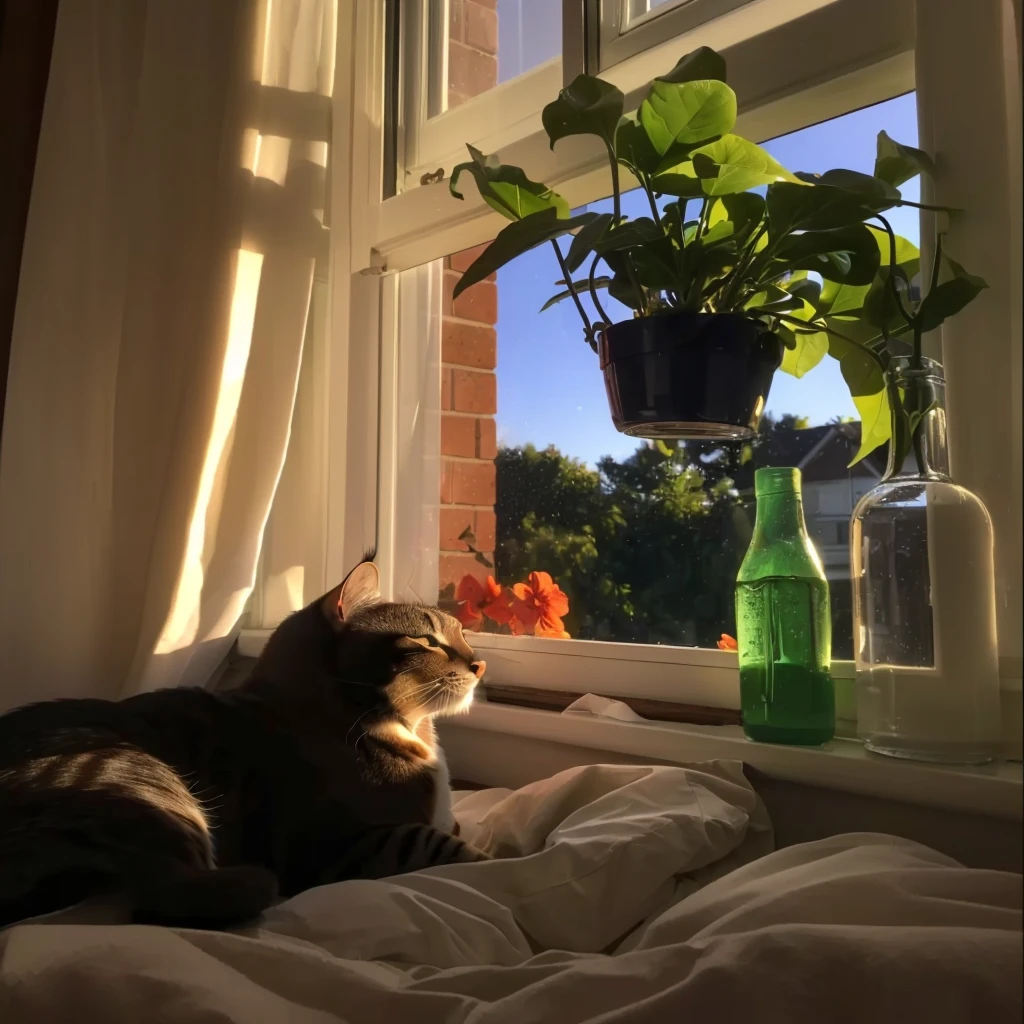 There is a cat lying on the bed by the window, Afternoon Sunshine, Golden hour sunlight, summer morning light, cats and plants, early morning light, Afternoon Sunshine, 戏剧性的温暖Morning Light, afternoon sunshine, Afternoon Sunshineing, Watch the sunset, Morning Light, Prime hour in the morning, Summer Afternoon, Mid-morning lights, late Afternoon Sunshine, Filtered evening light