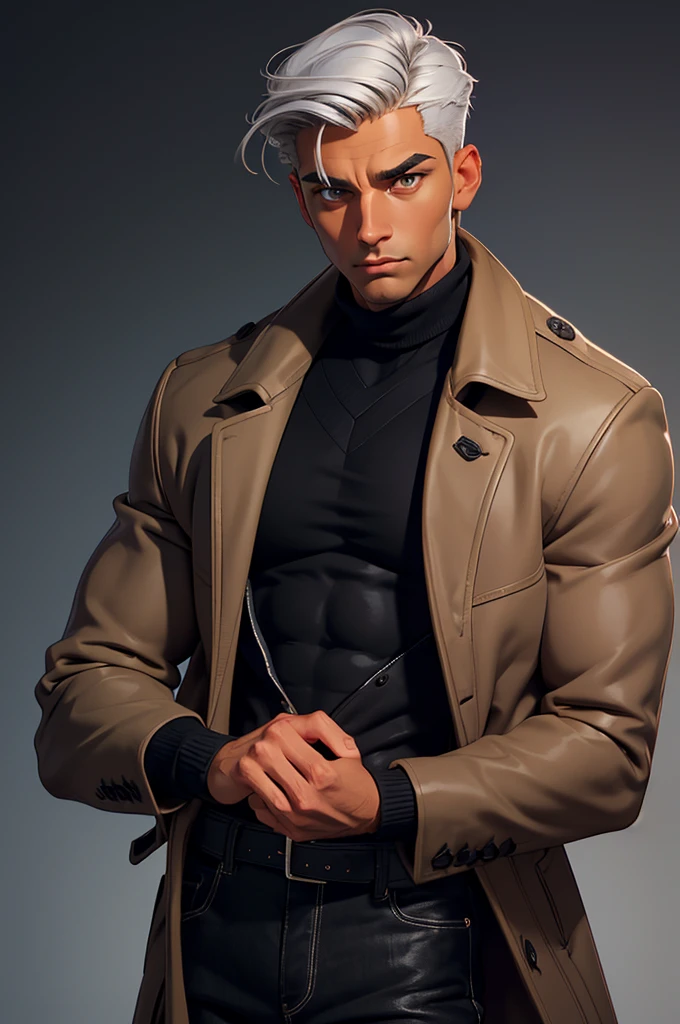 (best quality), 1boy, mature man, 34 years old, tanned skin, silver hair, short hair, hair loosely combed back, brown eyes, perfect eyes, muscular, handsome, small waist, strong jawline, cold expression, black turtleneck, coat jacket, fully clothed, clean face, masterpiece, anatomically correct, highres
