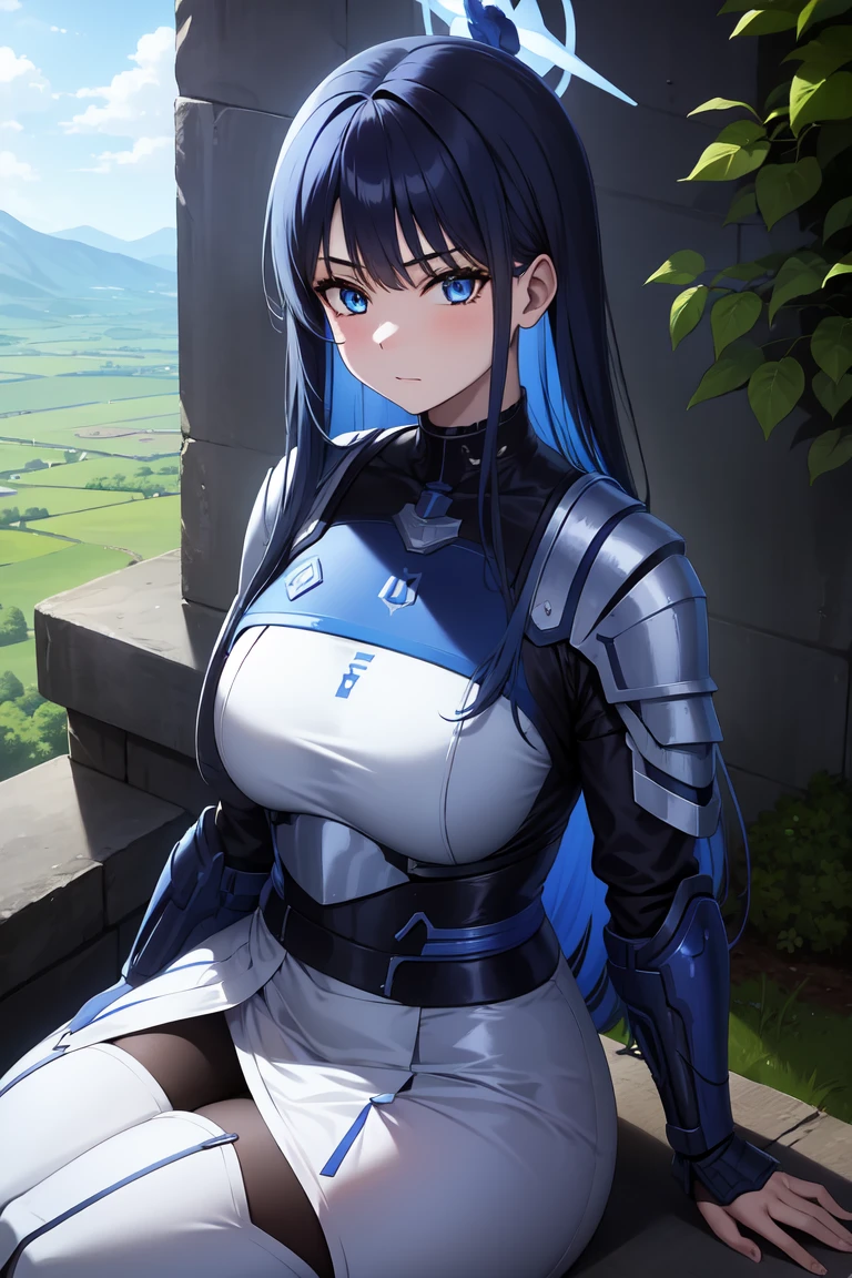 1girl,solo, saorijoumae, saori joumae, blue eyes, blue hair, halo, long hair, sitting, looking at viewer, adventurer clothes, light armor, outdoors, upper body