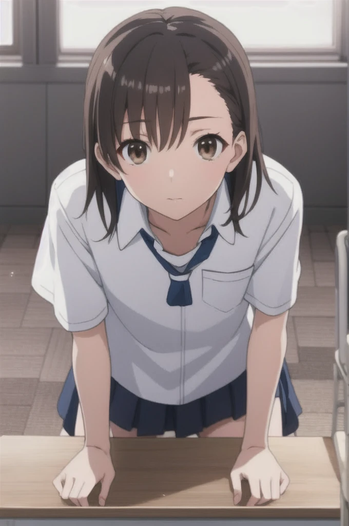 nsfw, masterpiece, Highest quality, superior_Mikoto, Brown eyes, short_hair, small_chest, View your viewers, alone, Closed_mouth, With collar_shirt, School_uniform, shirt, white_shirt, classroom