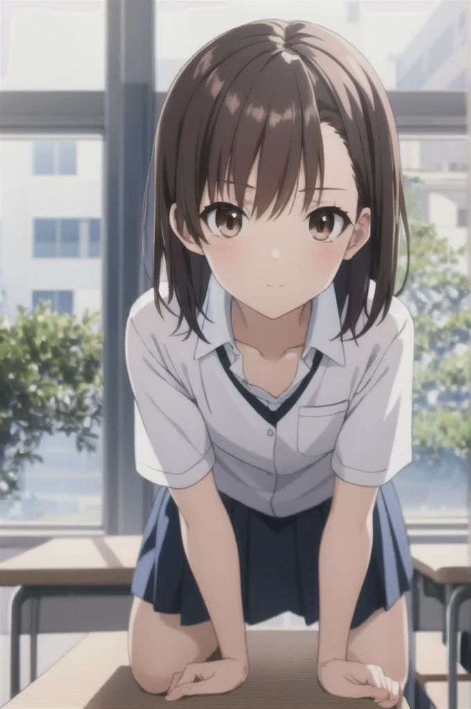 nsfw, masterpiece, Highest quality, superior_Mikoto, Brown eyes, short_hair, small_chest, View your viewers, alone, Closed_mouth, With collar_shirt, School_uniform, shirt, white_shirt, classroom